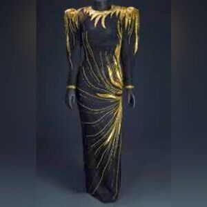 VINTAGE BLACK TIE FORMAL BEADED SILK SHEER DRESS SIZE 12